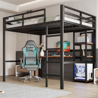 Merax Hochbett, kinderbett 140 x 200cm, mit Eisenrahmen, mehrere Einlegeböden, Schreibtisch mit Steckdose, mit usb type-c ohne Matratze, Schwarz