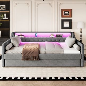 STILVORA Daybett 90x200 mit Ausziehbett,Schlafsofa mit bettkasten und USB,ohne matratze (Schlafsofa mit LED-Beleuchtung, Schlafsofa mit ausziehbarem Bett, Polsterbett mit Lattenrost 90x200 cm), Ohne Matratze