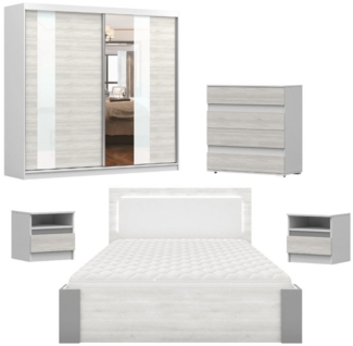 Deine Möbel 24 Schlafzimmer-Set HEAVEN MULTI Komplettschlafzimmer Kleiderschrank 183 203 233 cm, (Schwebetürenschrank Kleiderschrank mit Spiegeltüren Kommode 2x Nachttisch Doppelbett 160x200, 5-tlg, Set), mit LED-Beleuchtung Matratze optional