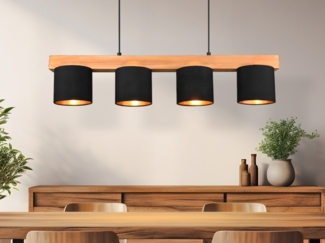 Holzleuchte, 4 flammig, Höhe anpassbar, schwarz, gold