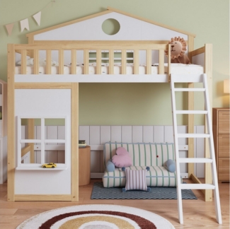 KLAM HOME Etagenbett Hochbett, Kinderbett, mit Treppe, mit Fallschutz und Gitter (Jugendbett mit Dach und Fenster, Frei gestaltetes Unterbett, 90x200cm), Rahmen aus Kiefer, für Kinderzimmer & Jugendzimmer