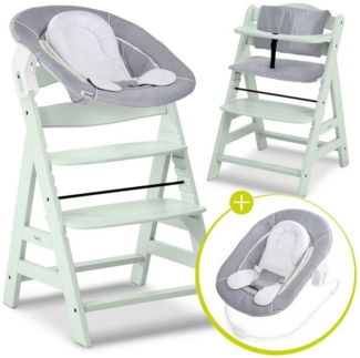 Hauck Hochstuhl Alpha Plus Mint Newborn Set - Stretch Grey (Set), Holz Babystuhl ab Geburt inkl. Aufsatz für Neugeborene & Sitzauflage