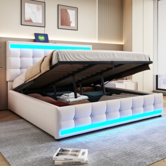 Merax Polsterbett Doppelbett 180x200cm mit 2 USB, Boxspringbett mit Stauraum und Lattenrost, mit Led, Funktionsbett, Leinen, Beige