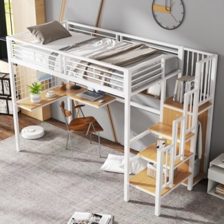 TavilaEcon Hochbett Eisenbett mit Tisch, Kleiderschrank, Seitenleiter und Handlauf einfach zu installieren, geeignet für verschiedene Dekorationsstile