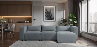 Ecksofa Designersofa NEVIO in Stoff Lincoln Graublau Ottomane Rechts
