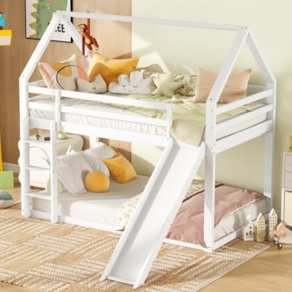 Merax Etagenbett Einzelbett Kinderbett 90x200cm Hausbett mit Rutsche und Leiter, Weiß