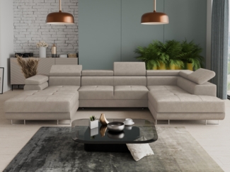 Wohnlandschaft Caris U mit Schlaffunktion, einstellbare Kopfstützen und zwei Bettkästen (Beige (Paros 02), Ecksofa Links)