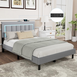oyajia Polsterbett Polsterbett Doppelbett mit USB+Type C und LED-Beleuchtung (Jugendbett, Bettgestell), 90/140x 200 cm,Gepolstert,Kunstleder,mit Kopfteil und Lamellen