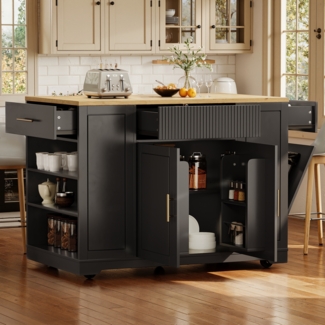 Kücheninsel mit integriertem Mülleimer, 2 Türen, 3 Schubladen und seitlichen Regalen, Schwarz freistehender Küchenschrank auf Rollen
