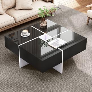 Merax Eleganter Hochglanz-Couchtisch 70*70*35 cm, eingebautes Staufach und 4 robuste Schubladen, maximale Belastbarkeit 30 kg, quadratischer Hochglanz-Couchtisch, Schwarz