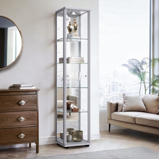 K-Möbel Sammlervitrine (176x37x33cm) - Made in Germany - Vitrinenschrank Silber / Alu mit 4 höhenverstellbaren Glasböden, Spiegel, Schloss & LED - Glasvitrine Stehend - Display Cabinet