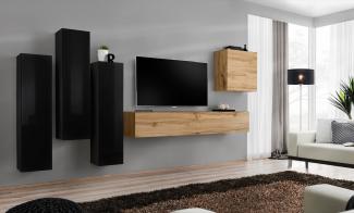 Hängende Wohnwand Switch III in Schwarz und Wotan 330 x 160 cm 5-teilig