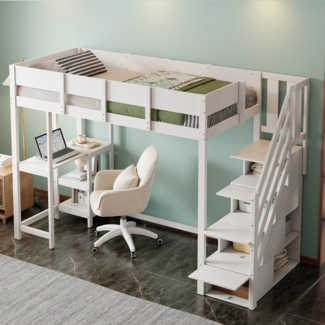 Multifunktionales Etagenbett mit Stauraum Hochbett mit Ablage Bettgestell aus massivem Kiefernholz mit Lattenrost Bett für Kinder und Jugendliche Holz Weiß 90 x 200 cm