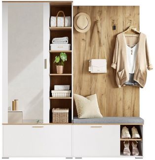 BlingBin Garderoben-Set Kompaktgarderobe Wandgarderobe Flurschrank Garderobenständer, (mit Schuhschrank, ausziehbarer Kleiderstange, 1-St, 4 Kleiderhaken,Spiegel und Schuhbank), 160Lx38Bx180H cm, für Flur, Schlafzimmer, Holzfarbe+Weiß