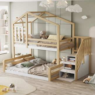 Etagenbett 90x200 cm (oben) / 140x200 (unten), Kiefernholz & MDF, Haus‑Design mit Fenster, Rundum‑Geländer und Treppen‑Stauraum, Natur