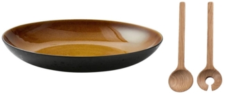 Bitz Set Servierschale rund 40 cm schwarz/bernstein + Salatbesteck 32 cm Eiche