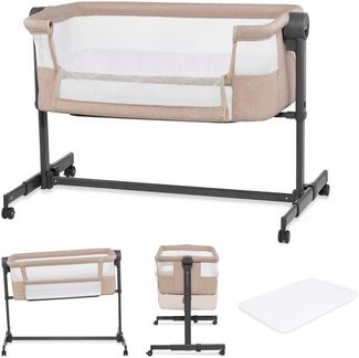 Kinderkraft NESTEE UP 2 Beistellbett 2 in 1, Kinderreisebett mit Matratze Laken, 5-stufige Matratzenhöhenverstellung, 4 Rädern mit Bremse, Weichen Material, Leichte Konstruktion, Beige