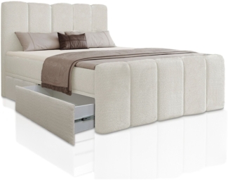 Juskys Boxspringbett Manitoba mit Bettkasten - Bouclé-Stoff, Gepolstertes Kopfteil mit Steppung & Stabile Konstruktion, Topper inklusive - Beige