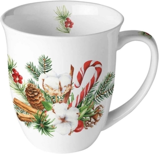 Ambiente Luxury Paper Products Becher Weihnachtsbecher- Silvester - Herbst / Winter Tee - Kaffee Tasse, 1-tlg, Porzellan Weihnachtsarrangement, Zweige, Blumen, Weihnachten, Tannen, Zapfen, Kollektion, Mug, Weihnachten, Geschenkartikel