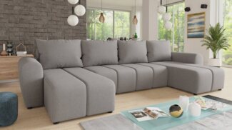 Wohnlandschaft Cleo U mit Schlaffunktion - U-Form Couch, Ecksofa mit Bettkasten, Couchgranitur mit Bettfunktion, Polsterecke, Big Sofa (Grau (Soro 90))