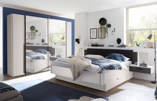 Schlafzimmer-Set >Maturs< (2-teilig) weiss/Graphit - Schrank 267x205x57cm, Bett 305x93x210cm