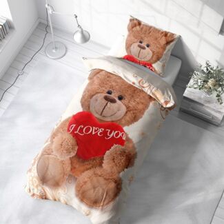 Visaggio Bettwäsche Winter Fleece Bettbezug flauschig warm, Fleece, 2 teilig, Teddy Bär Partnerbettwäsche mit I Love You Herz