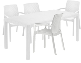Dmora Outdoor-Lounge-Set Sover, Outdoor- und Indoor-Lounge-Set, fester rechteckiger Tisch mit 4 stapelbaren Stühlen, Made in Italy, Weiß