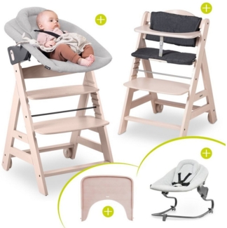 Hauck Hochstuhl Beta Plus Whitewashed - Newborn Set Premium (Set), Babystuhl ab Geburt mit Neugeborenen Aufsatz, Sitzpolster & Essbrett