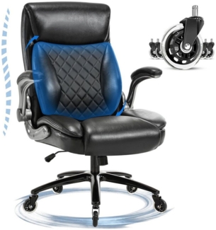 SeedWave Bürostuhl Chefsessel 200 kg mit 3D-Lendenwirbelstütze und leise Gummiräder, PU-Leder Schreibtischstuhl ergonomisch, Klapparmlehnen, Wippfunktion
