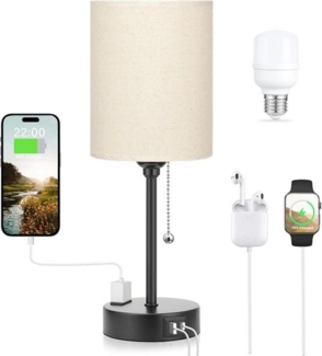 ibettertec LED Nachttischlampe Nachtlicht, Schreibtischlampe, Schlafzimmerleuchte, mit USB-A-USB-C-Ports und 2-Prong AC-Steckdose, Pull Chain Tischleuchte,Dreifarbiges Licht einstellbar