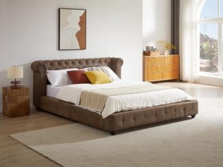 Vente-unique - Chesterfield-Bett + Matratze - 180 x 200 cm - Stoff - Vintage-Leder-Optik - Braun - TONGERLA