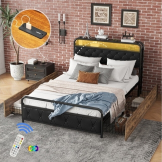 Flieks Metallbett, LED Beleuchtung Doppelbett 140x200cm mit USB-Aufladen und 4 Schubladen