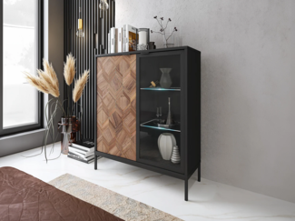 Vente-unique - Vitrinenschrank mit 2 Türen - mit LED-Beleuchtung - Schwarz & Holzfarben dunkel - MIALINE