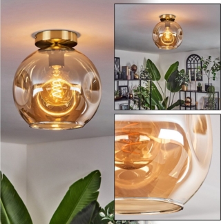 hofstein Deckenleuchte Deckenlampe aus Metall/Glas in Schwarz/Goldfarben/Bernsteinfarben, ohne Leuchtmittel, moderne Leuchte mit Schirm aus Glas (25cm), 1xE27, ohne Leuchtmittel