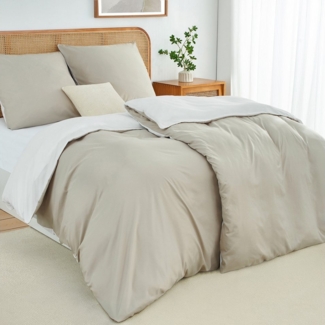Topfinel Bettwäsche 135x200cm, Seersucker Bettwäsche-Sets, bügelfrei, allergiker, kühlende, 100% Mikrofaser, 4 teilig, 4-tlg. Beige/Weiß:2 Btz. 135x200+2 Ktz. 80x80, m. Reißvers.