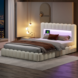 Polsterbett 180x200cm mit USB, Jugendbett Doppelbett mit Lattenrost und Stauraum, Stauraumbett mit LED, Leinen, Beige