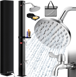 KESSER® Solardusche 35 Liter Solar Gartendusche + Metall-Duschablage | warmes Wasser | max. 60°C | ohne Stromanschluss | Pooldusche Camping| Regenduschkopf und Wasserhahn | Gartenschlauch-Anschluss | Schwarz / Anthrazit
