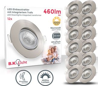 B.K.Licht LED Einbauleuchte 12er Set Einbaustrahler, Schwenkbar, Deckenspots, flache Spots, LED fest integriert, Warmweiß, 3.000K, 480Lm, 4,9W, Kunststoff, 9 x 2,4 cm, Nickel