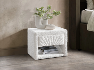 Vente-unique - 2er-Set Nachttische - 1 Schublade und 1 Ablage - Bouclé-Stoff - Weiß - ULAMI