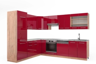 Eckküche Fame-Line Bordeaux Hochglanz/Goldkraft Eiche 227 x 60 cm , AP Marmor Vicco