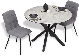 Esstisch mit 2 Stühlen Set Essgruppe Polsterstühle Leinen Grau Esszimmertisch Rund Ø 110 cm Modern Metall Schwarz