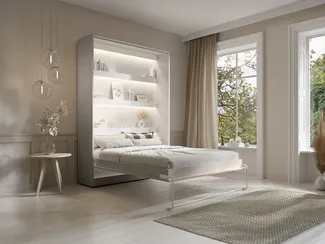 Vente-unique - Schrankbett + Matratze - 160x200 cm - Vertikale manuelle Öffnung - Mit LEDs - Beige - RAPILI