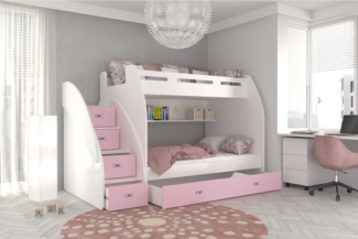 AJKmeble Hochbett Etagenbett 90x200 / 120x200 cm mit Treppe und Ausziehbett Hochglanz (MADE IN EU - wählbar in Farben weiß, blau, grün, rosa oder grau, für Jungen und Mädchen, Jugendbett) Treppe beidseitig montierbar