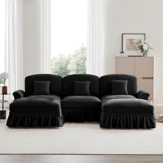 Klassisches modulares U-förmiges Sofa, Chenille, Trichter-Armlehnen, abnehmbare Rüschenschürze, spindelförmige Beine, beweglicher Hocker, weiches, tiefes Cloud-Sofa fürs Wohnzimmer, Schwarz
