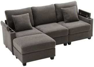i@home Ecksofa L-förmiges Sofa, 3-Sitzer-Sofa, Beige/Grau, mit Getränkehalter, USB-Ladegerät, Armlehnenablage