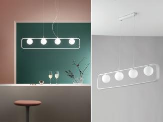 LED Pendelleuchte 4 flammig Metall Weiß & Opal Glaskugeln, bis 120cm lang