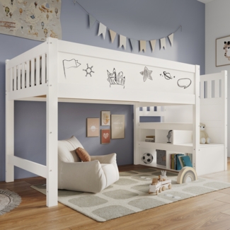 Bett 90x200 cm Hochbett mit Stauraum und Tafel – umbaubare Leiter, Lattenrost inklusive, Weiß