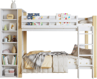 Etagenbett mit 2 Liegeflächen und Lattenrost, 90x200 cm, Kinderbett mit Regal, Leiter, Kleiderschrank und Rausfallschutz, Jugendbett, Kiefer