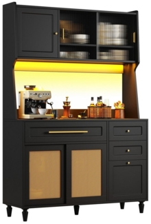 autolock Küchenbuffet Küchenschrank Hochschrank Vitrinenschrank mit LED-Beleuchtung (Esszimmerschrank mit Verstellbaren Ablagen, 120 × 45 × 195,5 cm) Buffetschrank Sideboard für Wohnzimmer, Esszimmer & Küche