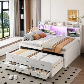 Merax Daybett Doppelbett Tagesbett 140x200 cm Ausziehbett 90x190 cm mit LED, Aufladen, Schubladen, Weiß